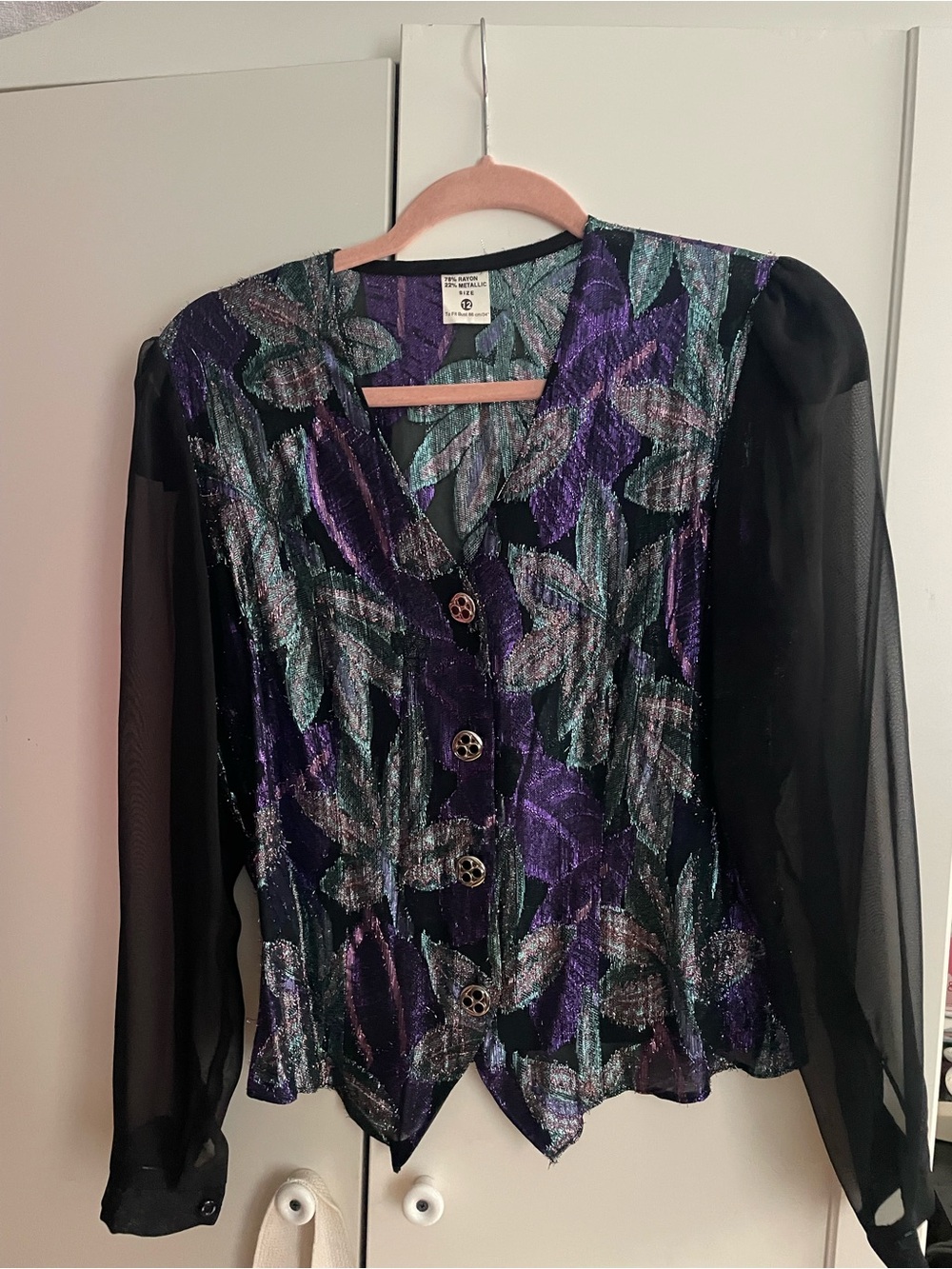 Vintage-Inspired Purple & Teal Leaf Pattern Blouse - Sheer Sleeve Button Front